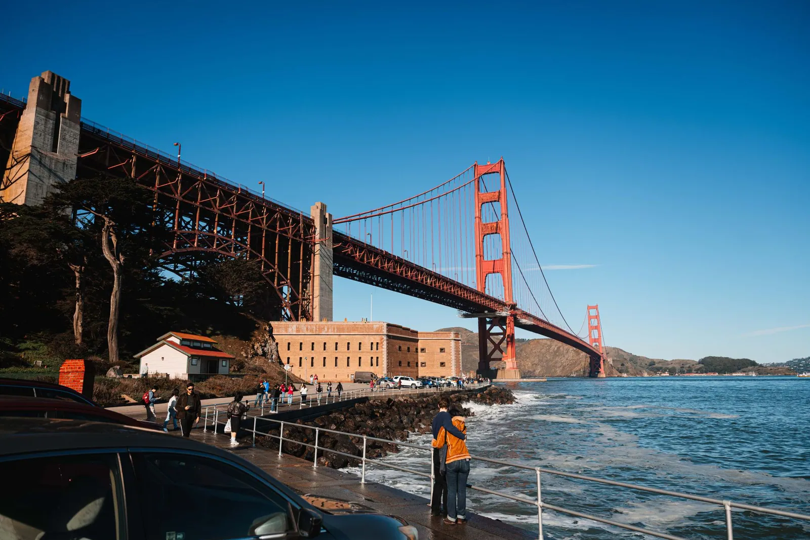 The Golden Gate Bridge with clear blue skies in San Francisco, California