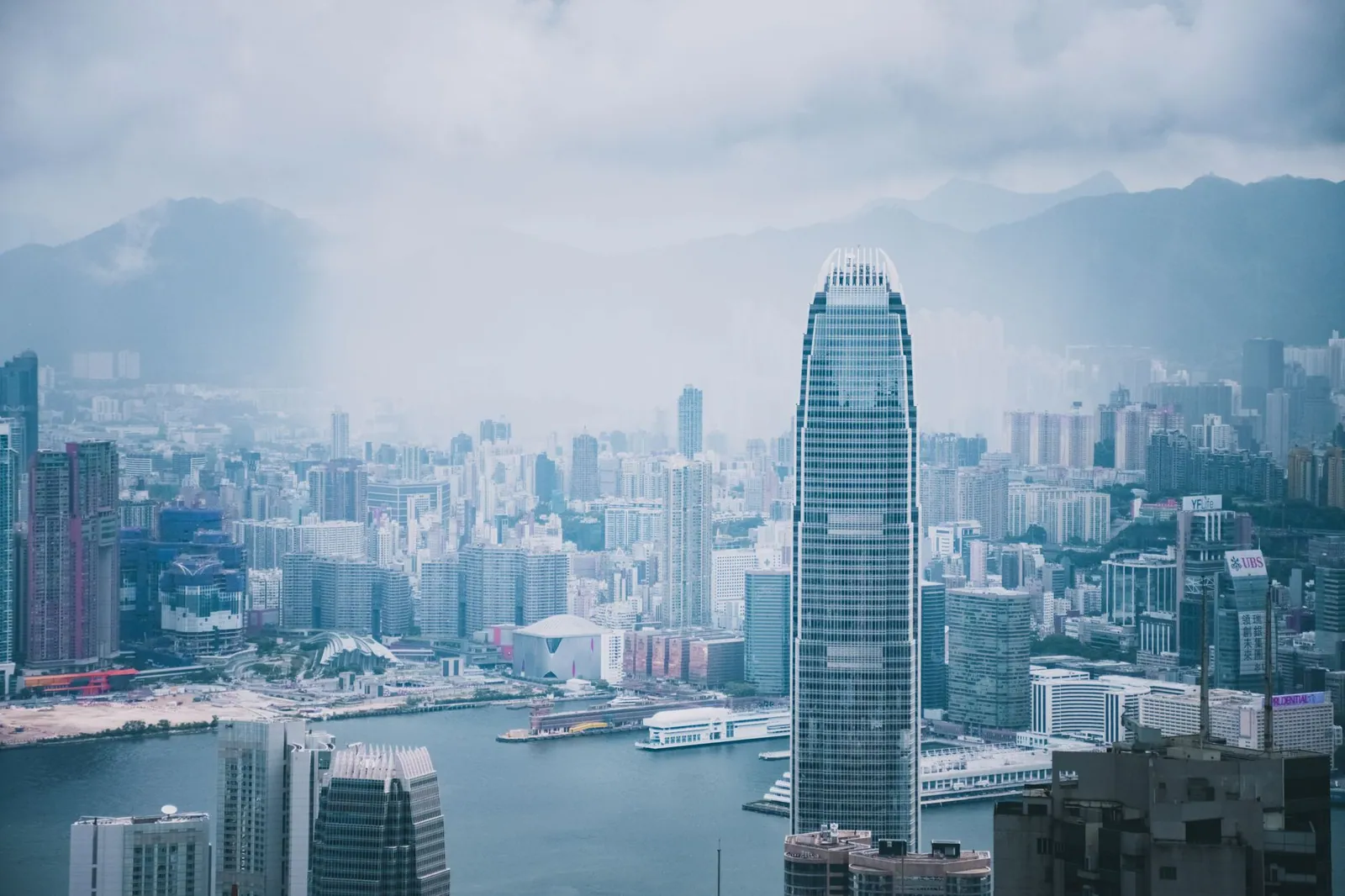 Panoramic view of Hong Kong's modern skyline with skyscrapers and urban architecture