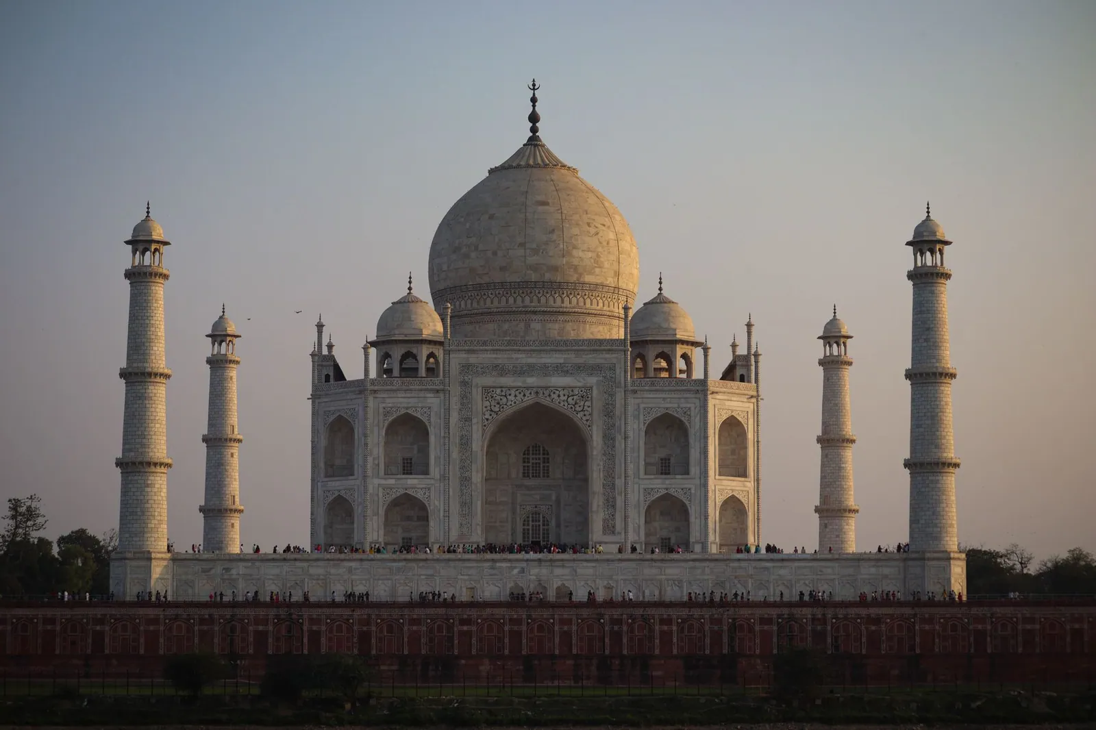 The iconic Taj Mahal, an architectural marvel in Agra, India, basking in sunset light