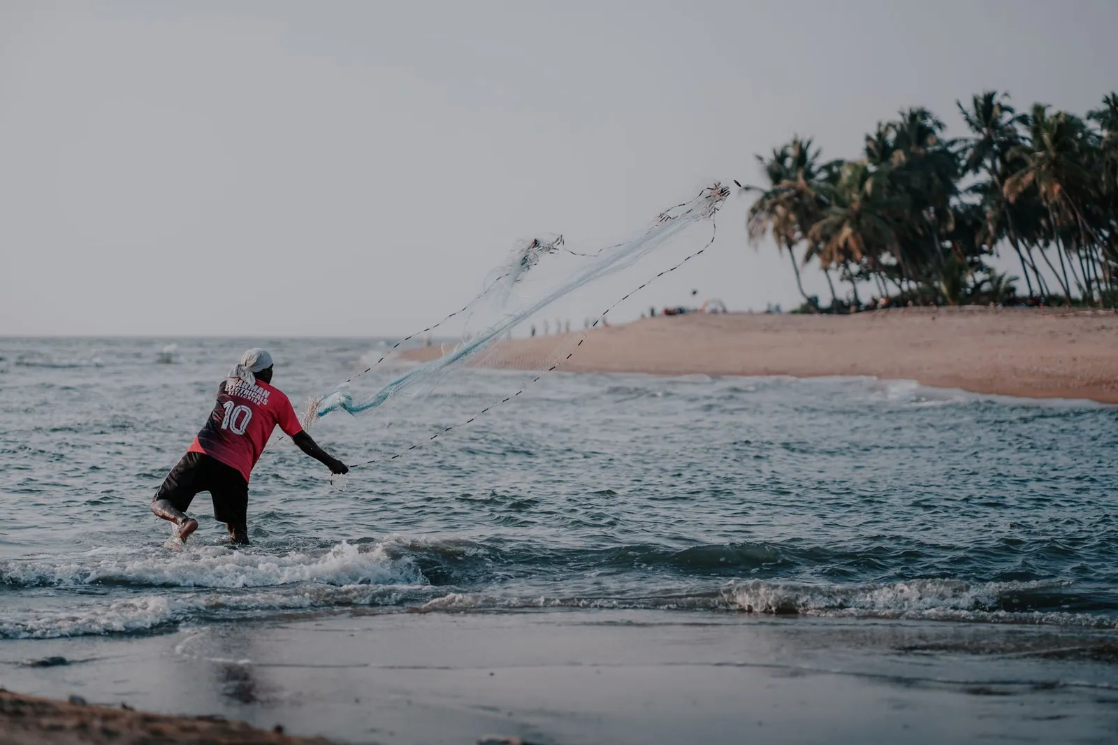 A fisherman throwing his net into the ocean along a palm-lined tropical beach in Kerala, India