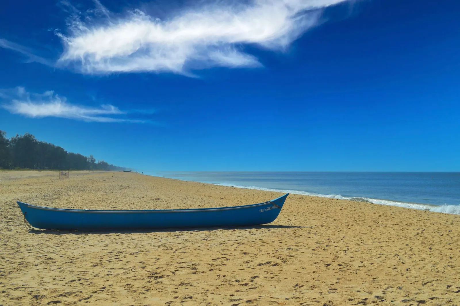 A tranquil sandy beach with a blue canoe under a clear sky on India's west coast