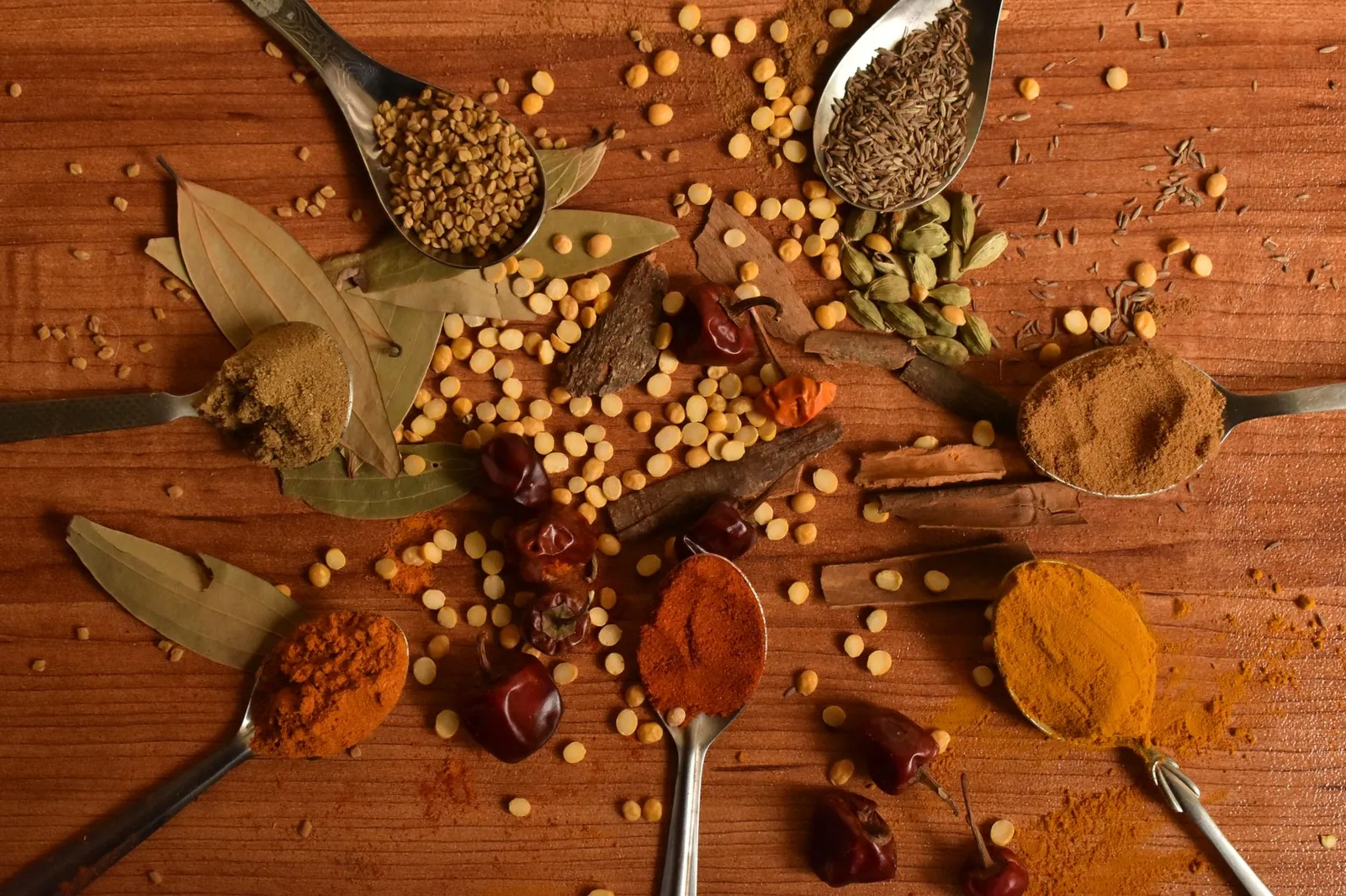 A vibrant display of Indian spices arranged on a wooden table