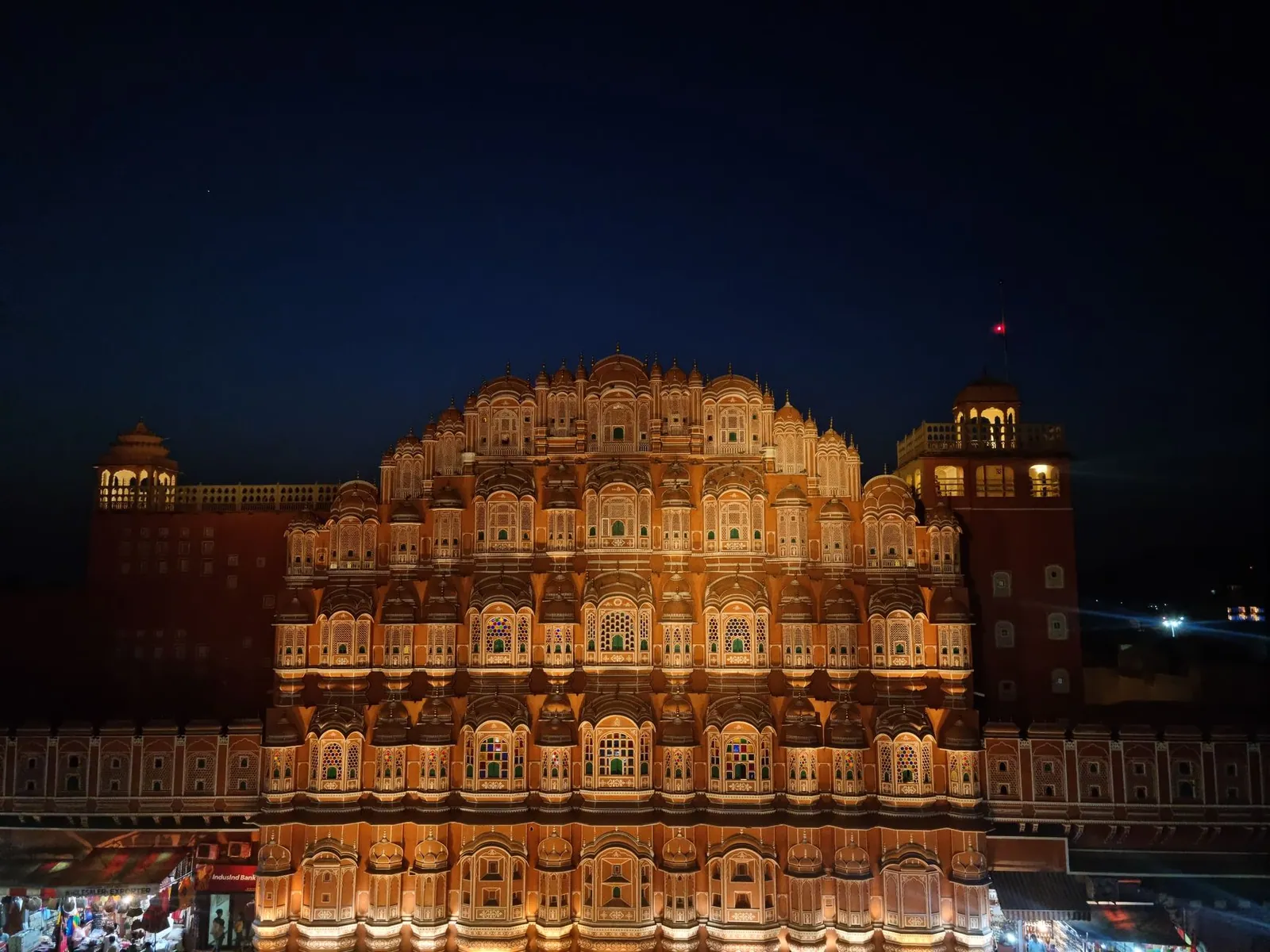 The illuminated Hawa Mahal at night in Jaipur, India