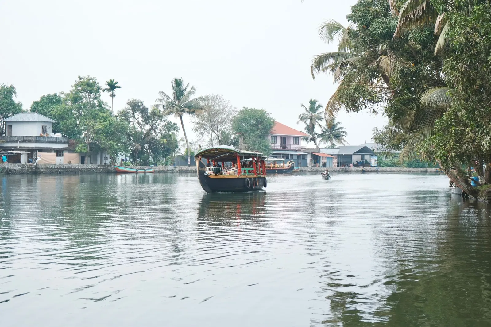Houseboat on Kerala's tranquil backwaters with coconut trees and houses along the bank