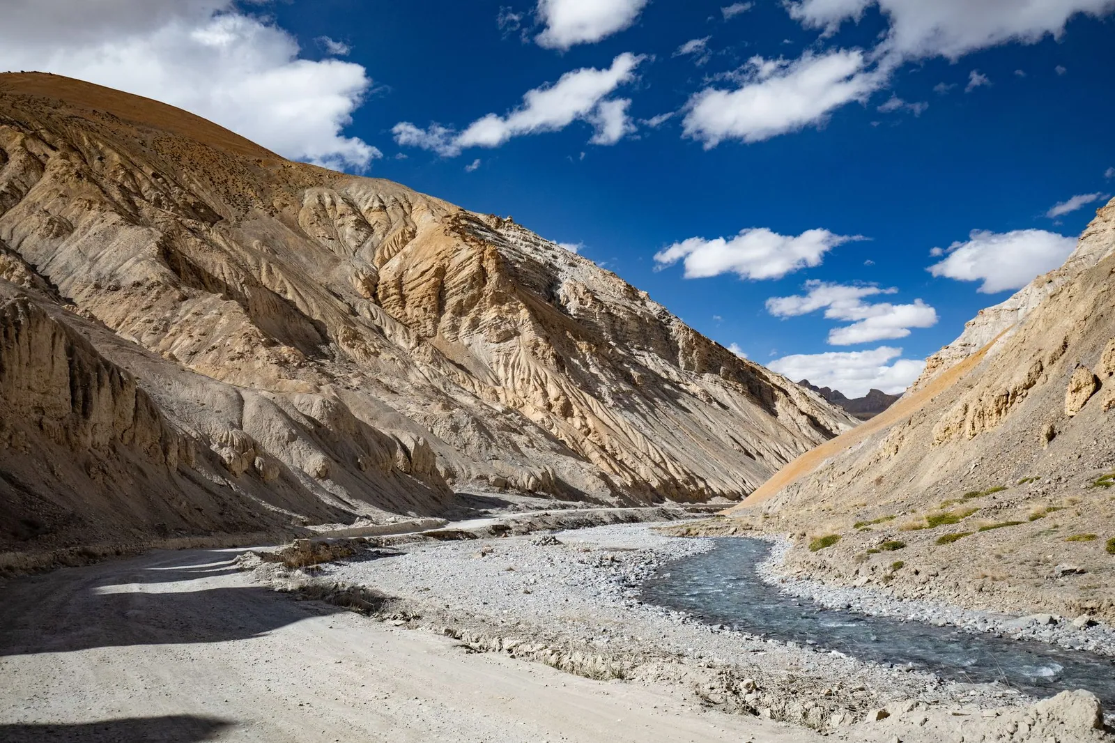 A flowing river amidst rugged mountains in the Himalaya