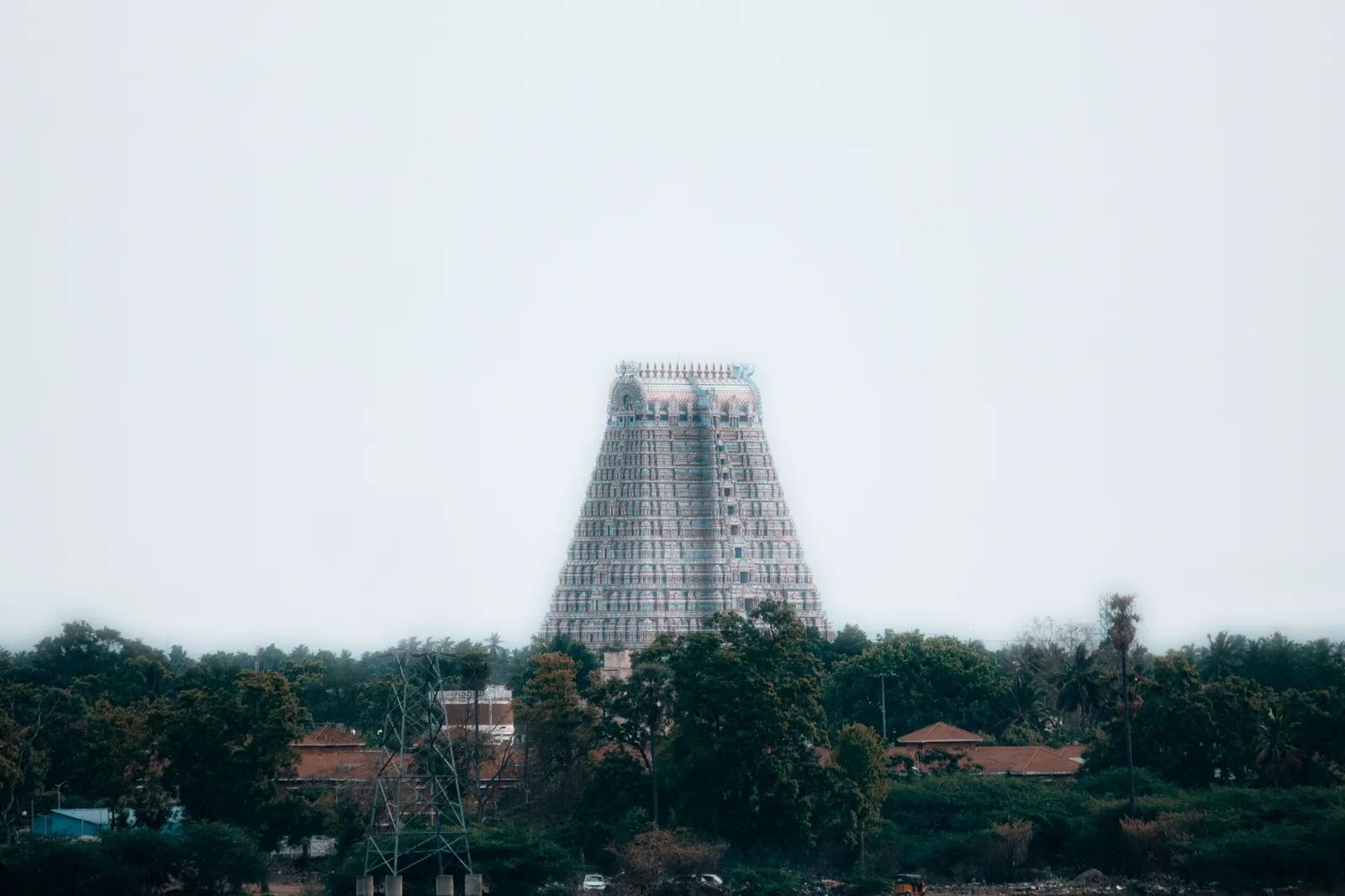 The Ranganathaswamy Temple gopuram in Tiruchirappalli, India, amid lush greenery
