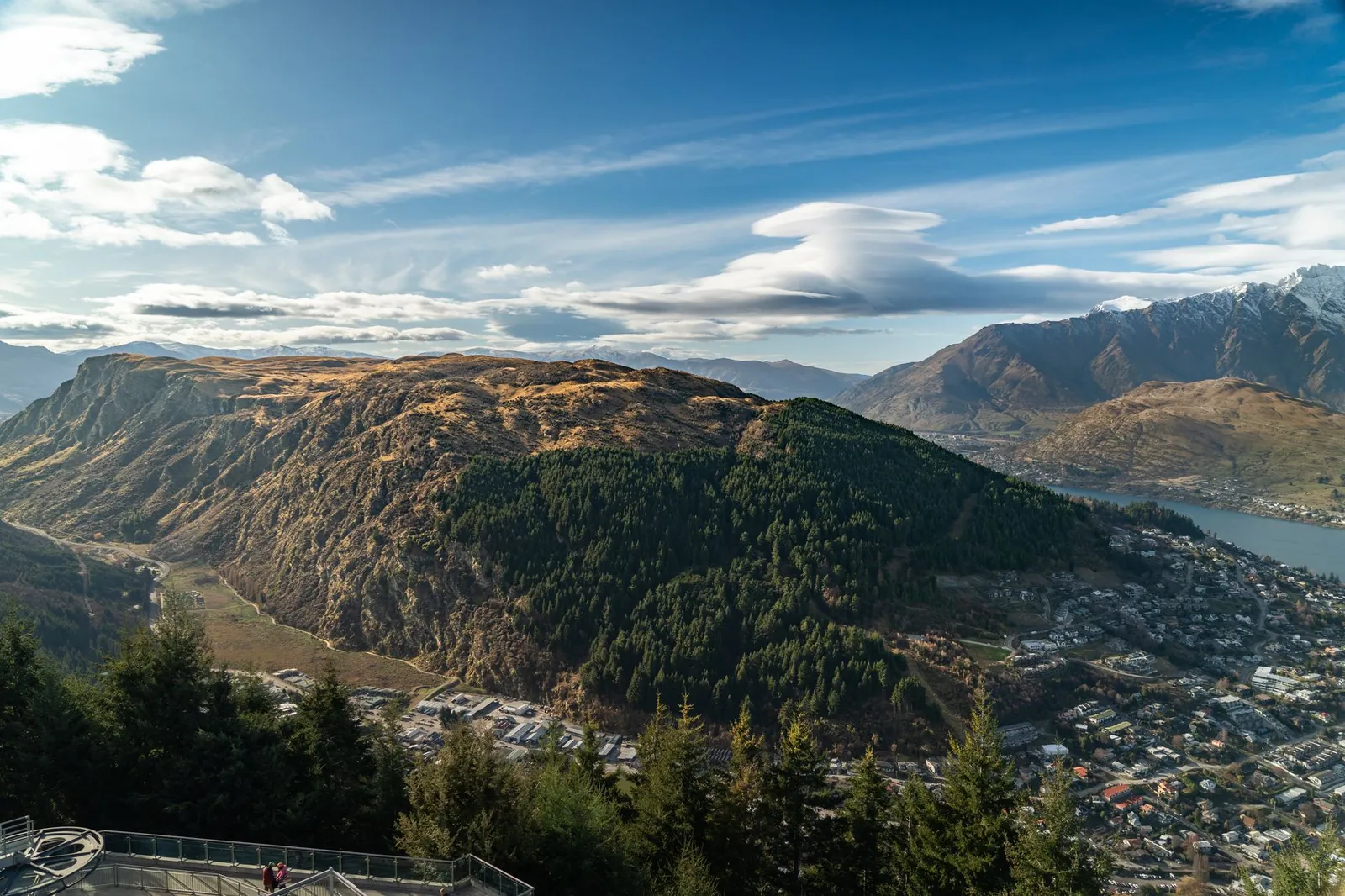 Aerial view of Queenstown, New Zealand, showing mountains and the townscape