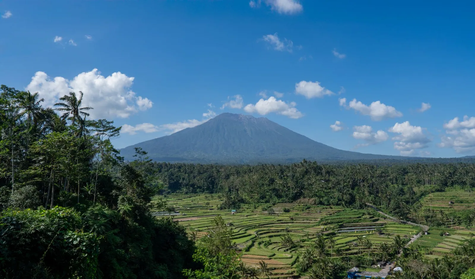 Breathtaking view of lush rice terraces and the majestic Mount Agung under a vibrant blue sky in Bali, Indonesia.
